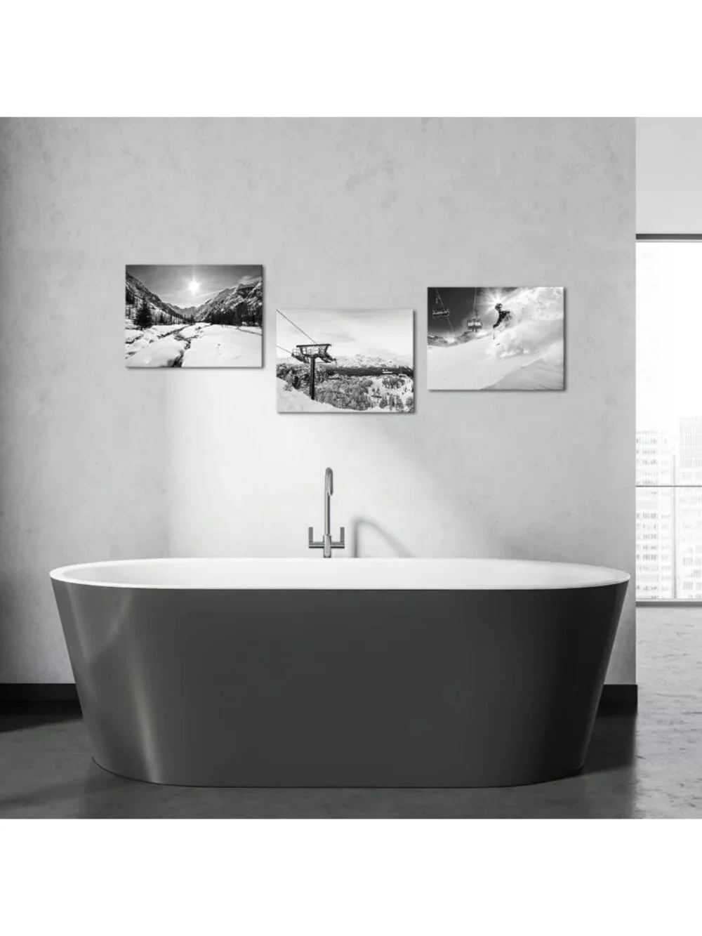 3 Piece Ski Lift Canvas Wall Art Set - Black & White Winter Mountain Decor